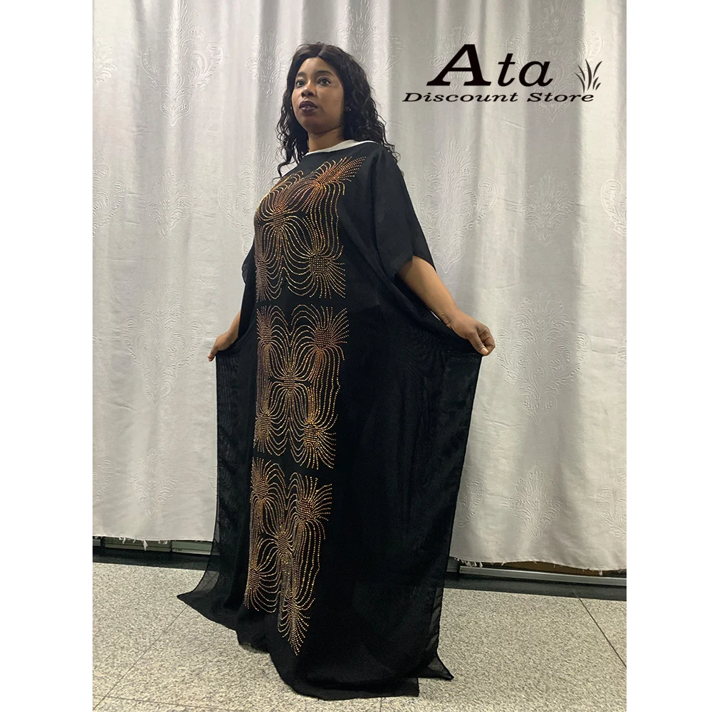 2021New African Dresses Kaftan Abaya Islamic Clothes Batwing Sleeves Fashion Diamond Boubou Cotton Turban Long Dress For Lady