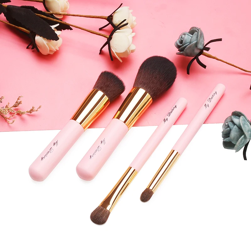 MyDestiny 4Pcs Portable Mini Pink Makeup Brushes Set-With Bag For Travelling-Foundation Powder Eyeshadow-Short Handle-Small Size