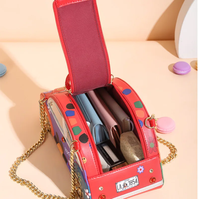 Bolso estilo coche Vintage para mujer, bolsa de hombro con cadena de Color cosida, bolso de mano femenino de marca de diseñador para fiesta