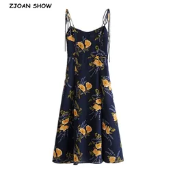 2020 French Summer Navy Blue Floral Print Bandage Spaghetti Strap Midi Dress Retro Sexy Women Lacing Up Sling Slit Vestido