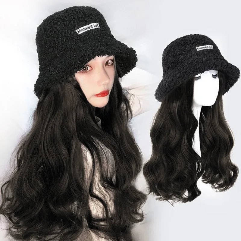 Hat Wig Hat Hair Extension Lamb cap Synthetic Hair High Ponytail Long Curly Hair Woman Headgear Fluffy Whole Wig Female Wearing