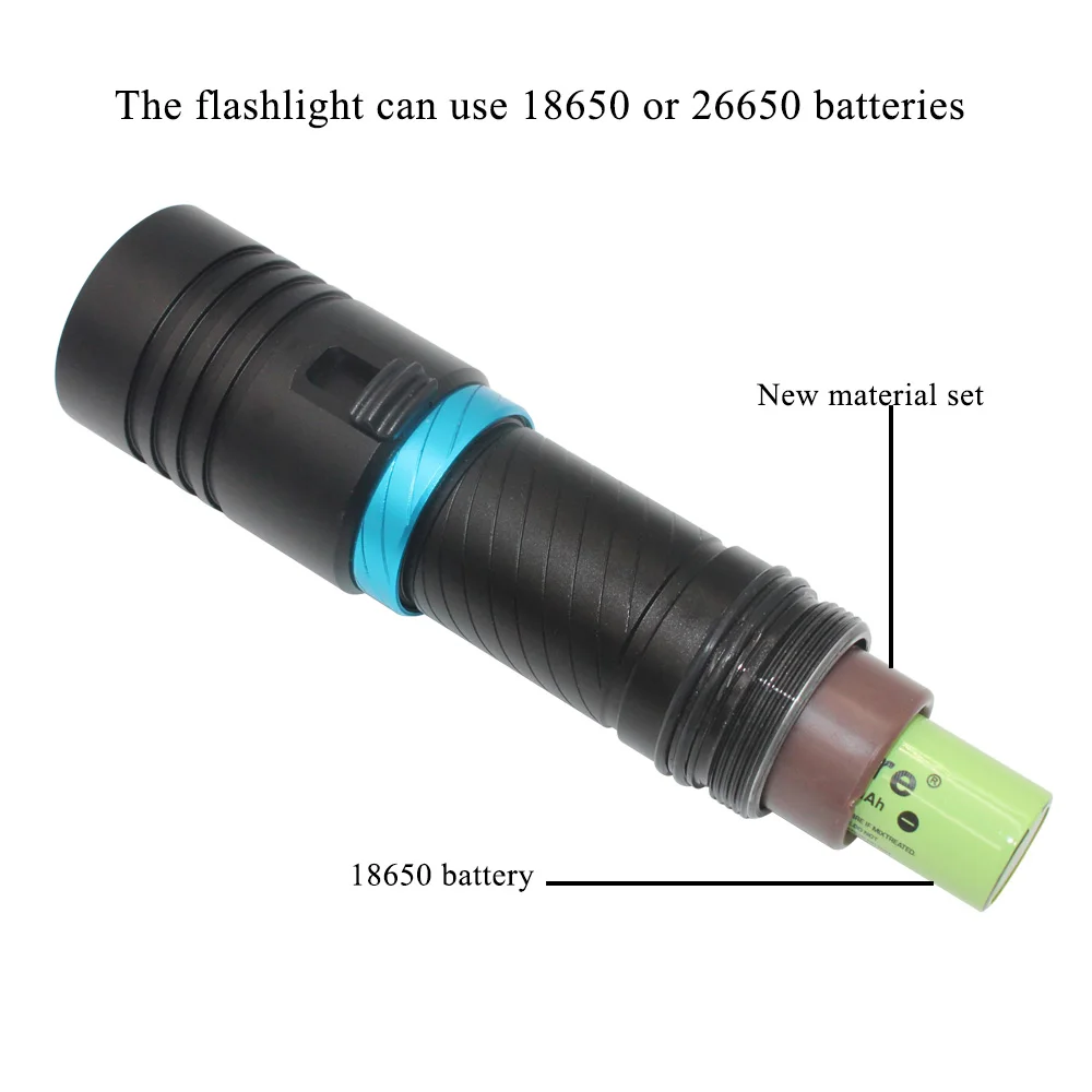 Uvダイビングled懐中電灯防水18650 26650トーチ紫ライトダイビング100メートル水中キャンプランテルナランプ無段階調光