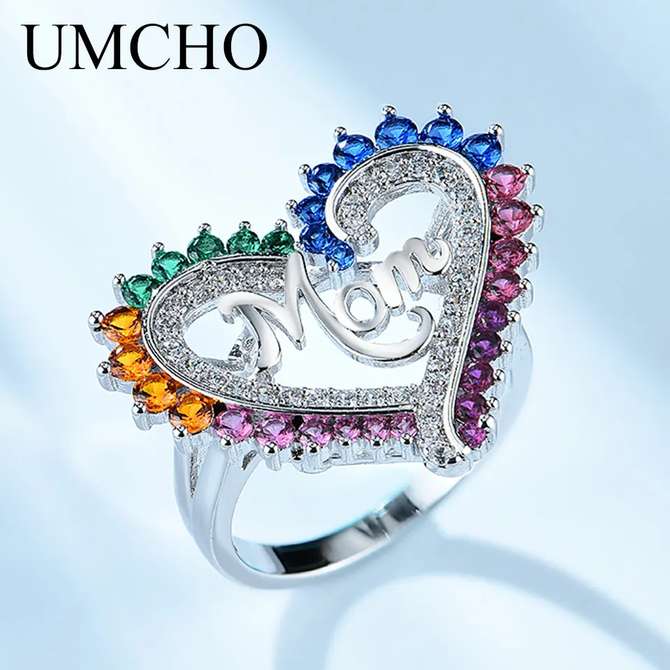 

UMCHO Real 925 Sterling Silver Rings Luxury Charm Colorful Jewelry Mom Letter Rings For Women Mother's Day Gift Fine Jewelry