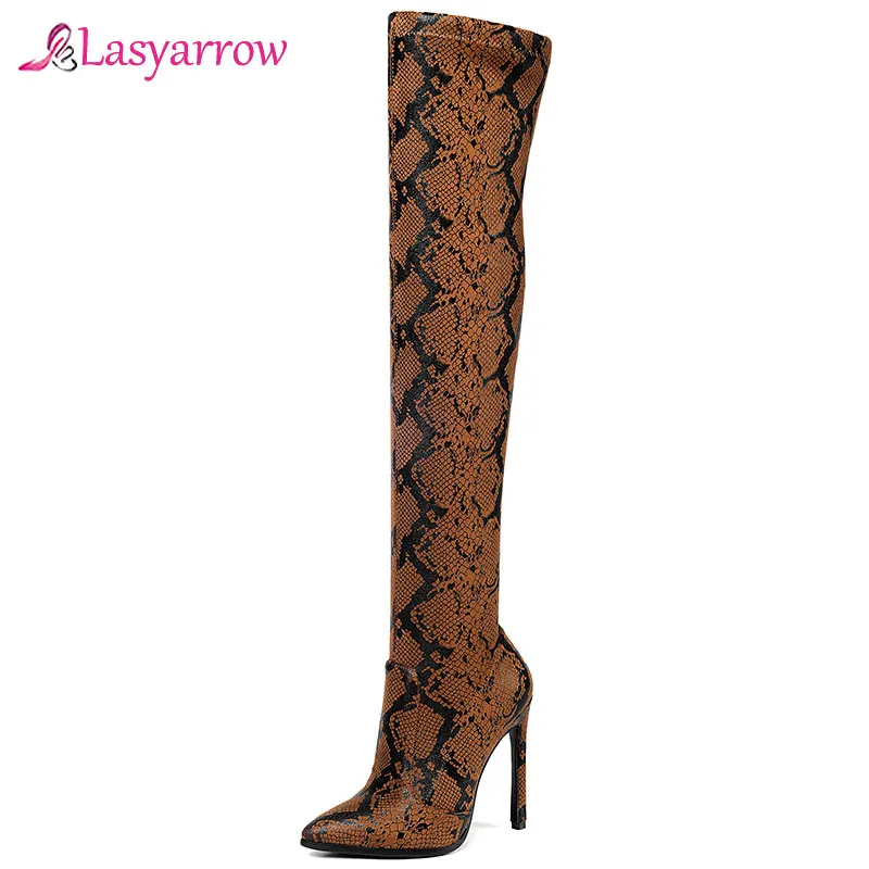 Lasyarrow Thigh High Boots Sexy Over the Knee Boots for Women Shoes Snakeskin Pointed Toe Thin High Heels Long Boots Femme J1127