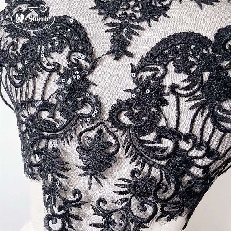 Schwarze Elfenbein-Pailletten-Hochzeitsapplikation Spitze Blumenmuster Hohl Sexy DIY-Zubehör RS3099 – Detail 2