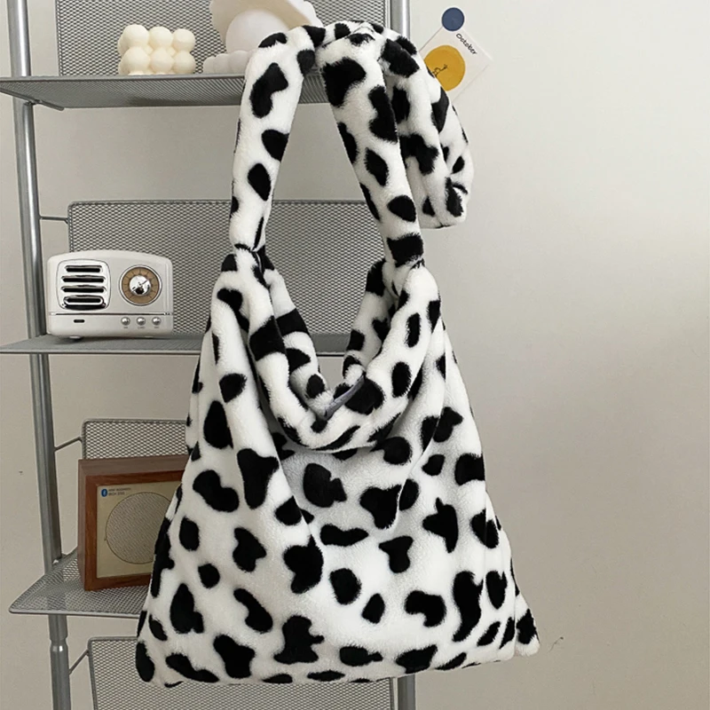 Milk Cow Print Messenger Bag Womens Fashion Big Capacity Single Shoulder Bag Soft Plush Handbag Female Crossbody Tote Bags