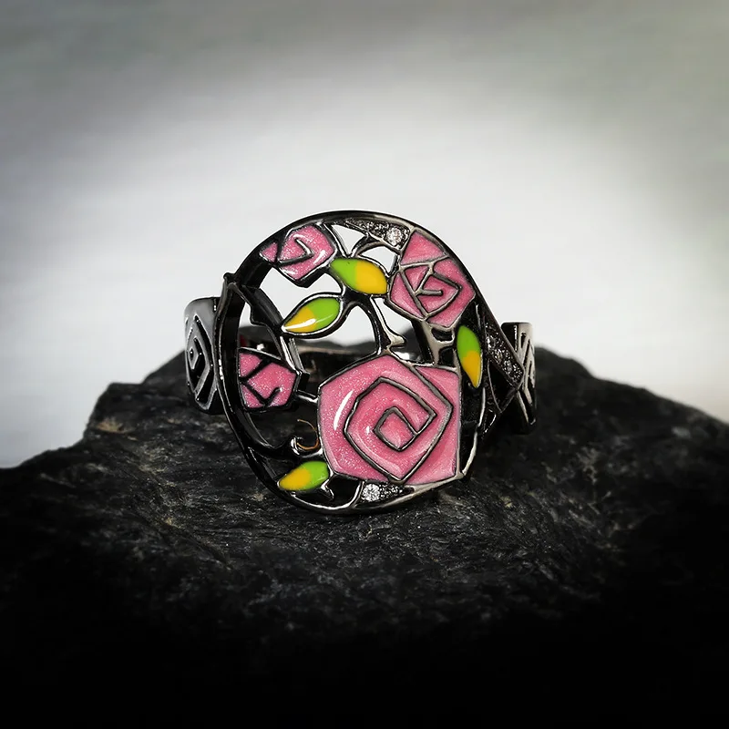 2020 Hot sale Thorns rose ring ladies hand-painted enamel ring 925 silver flower ring for women fashion niche ring jewelry gift