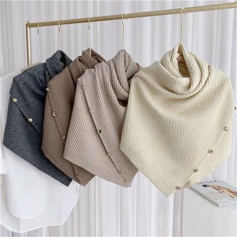 Button Solid Winter Women Poncho Cappa Scarf Rectangle Knitted Pashmina Shawl Wraps Shrugs Bufandas Sjaal Sciarpa Donna Inverno