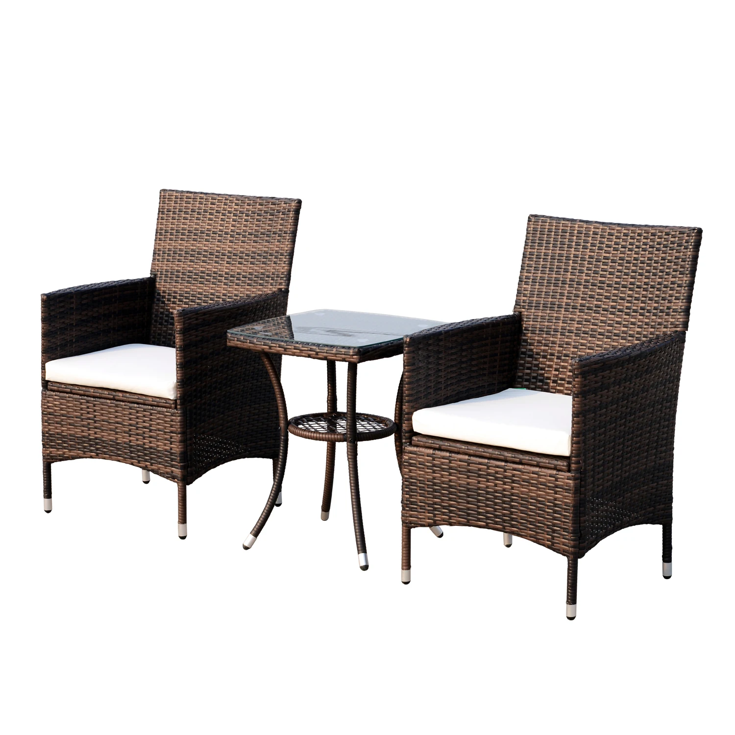 Outsunny set of 1 table 2 Chairs outdoor Ratan furniture with Poly Ratan Metal frame cushion