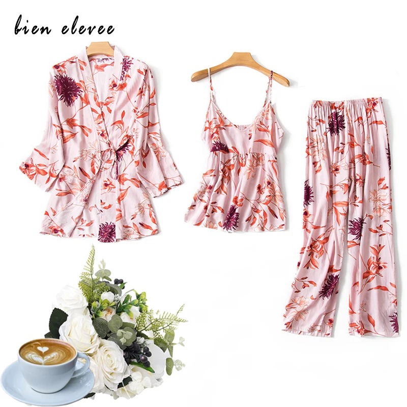 Women\'s Pajama Robe Set Sleepwear Suit Flower Printed Pijama Warm Home Clothing Nightwear Pyjama Women Sexy Lingerie 3 pieces