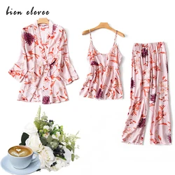 Women's Pajama Robe Set Sleepwear Suit Flower Printed Pijama Warm Home Clothing Nightwear Pyjama Women Sexy Lingerie 3 pieces