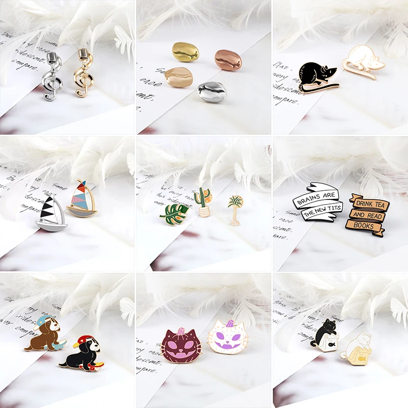 2-4Pcs/Set Female Sailboat Brooches Musical Note Enamel Advertising Slogan Pins Cactus Ghost Pumpkins Cats Mouses Badges Jewelry