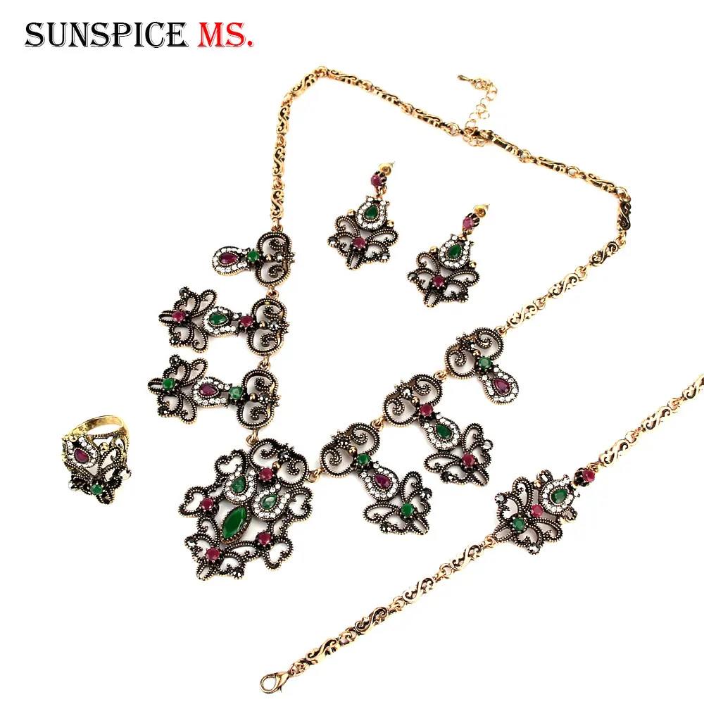 Sunspicems Retro Gold Color Turkish Jewelry Sets Flower Earring Necklace Ring Bracelet Ethnic Wedding Bijoux Bohemia Bride Gift