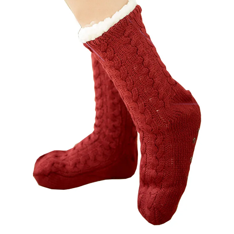 TOIVOTUKSIA Autumn Winter Thicken Plush Knitted Cotton Socks Women Non-slip Home Floor Socks Warm Mid-calf Hosiery For House Sli