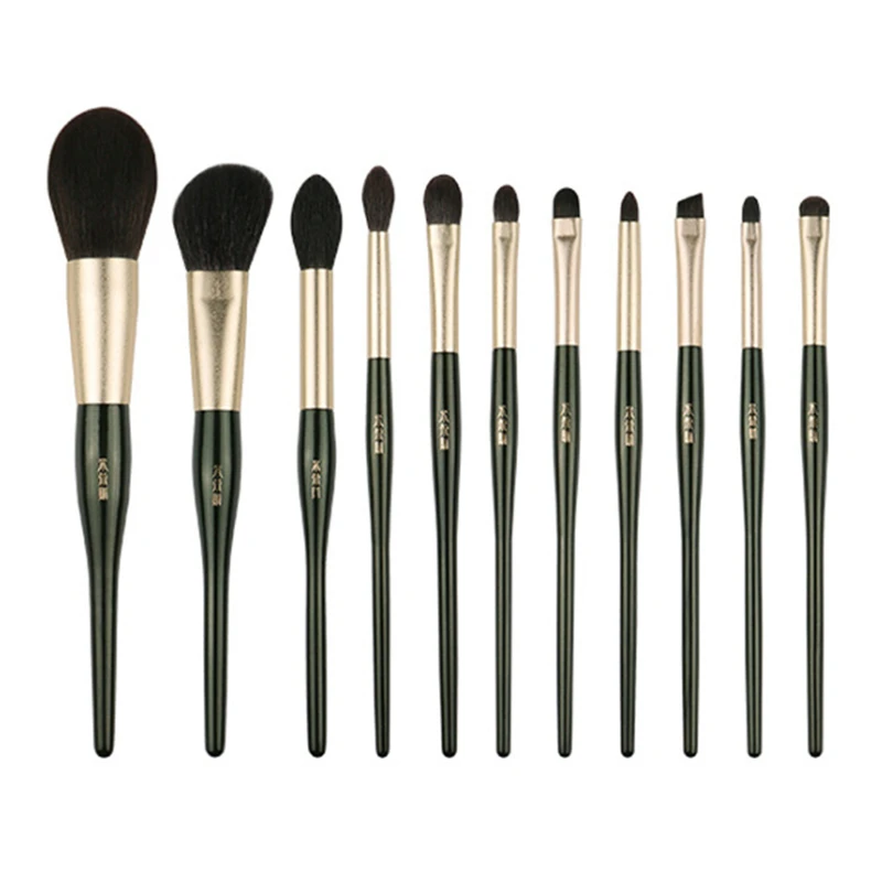 11Pcs Makeup Brushes Set Dark Green Goat Squirrel Hair Powder Blush Highlight Brush Eyeshadow Blending Makeup Brush With Bag