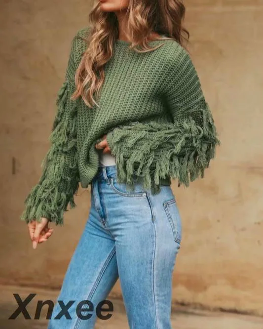 

Tassel knitted sweater women pullover loose Casual army green winter sweater female O neck 2019 autumn jumper pull femme Xnxee