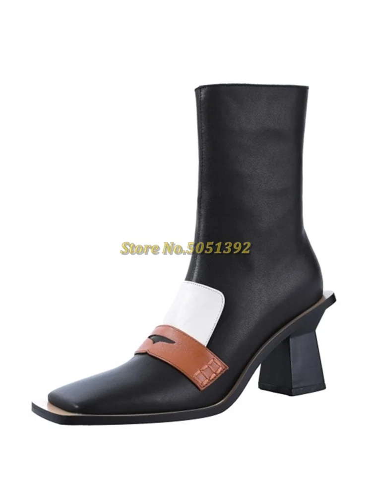 Strange Style Heel Fashion Women Booties Zipper Square Toe Genuine Leather Dress Women Shoes Block Heel Retro Style Winter Shoes