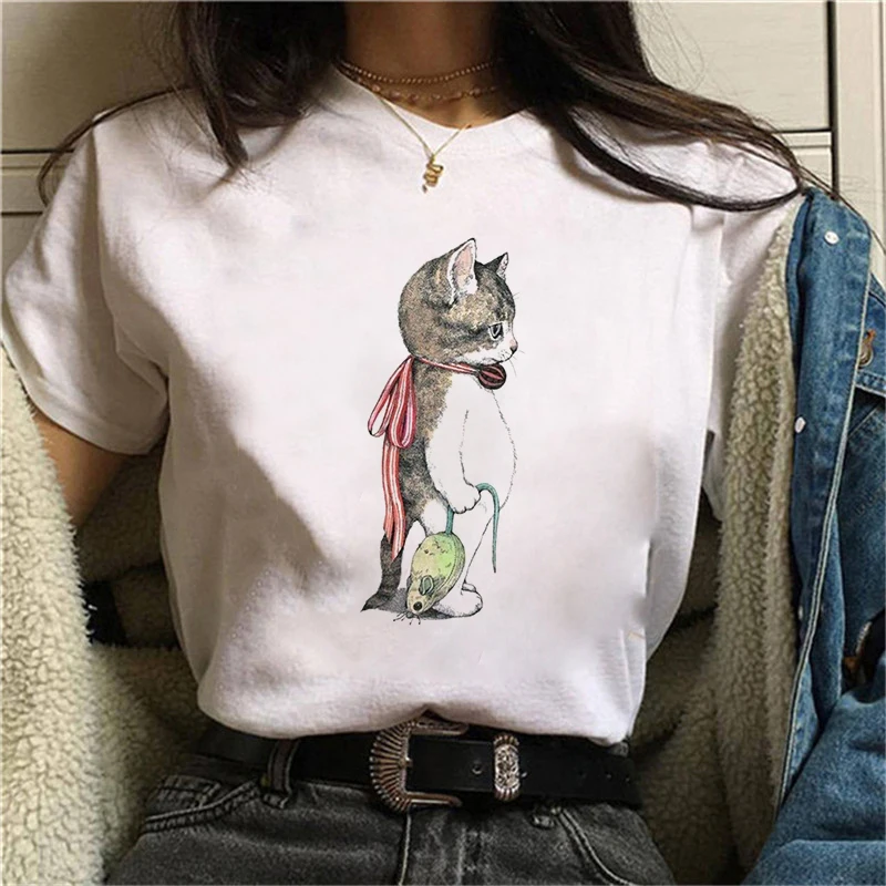 Women summer short sleeve shirt the neck casual funny cat tops feminine gift for ladies mujer