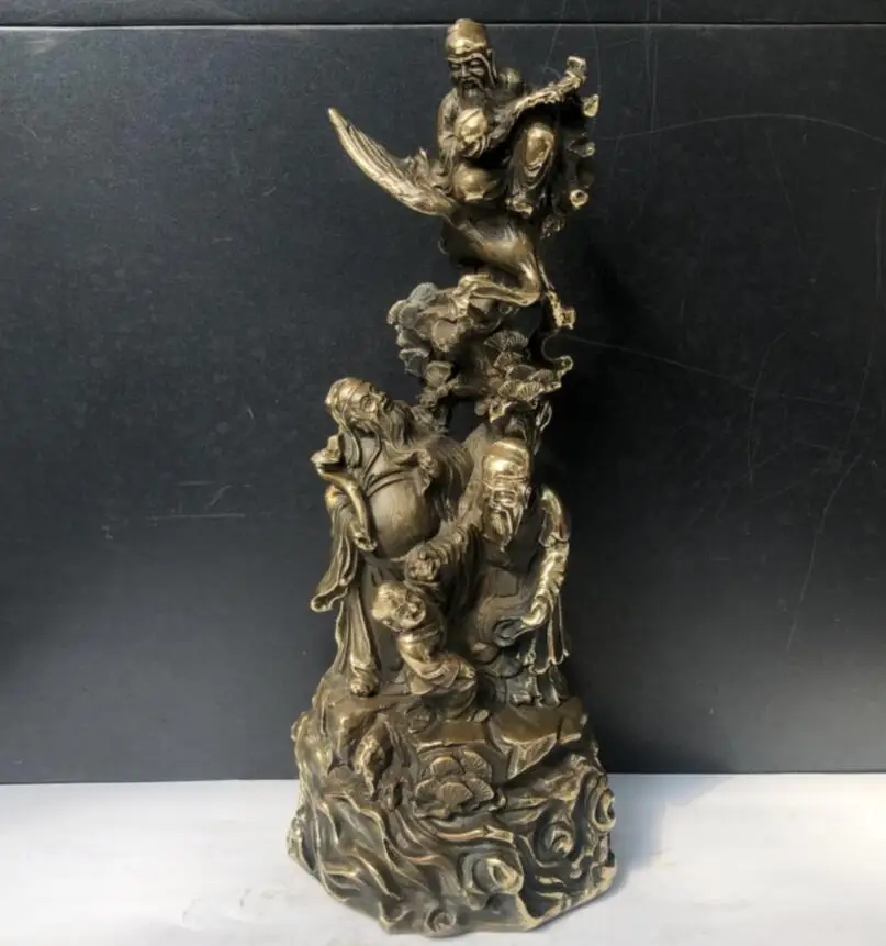 

China brass archaize Fu lu shou Pine crane crafts statue