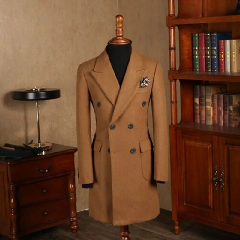 Men Wool Overcoat Double-breasted 6 Button Peak Lapel Suit Long