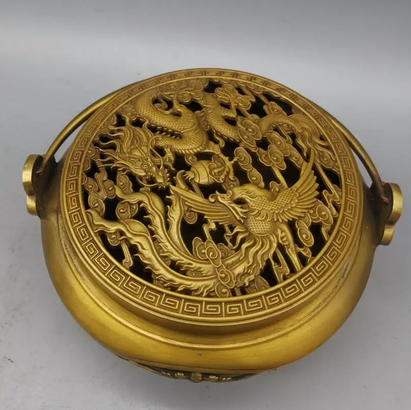 

China brass archaize Hollow out Dragon phoenix Incense burner crafts statue