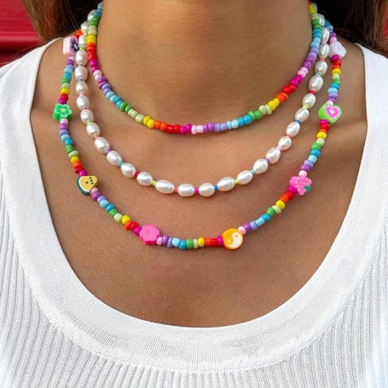 Bohemian Iirregular Imitation Pearl Smile Beads DIY Necklace For Women Flower Letters Choker Necklace Multicolor Pendant Jewelry