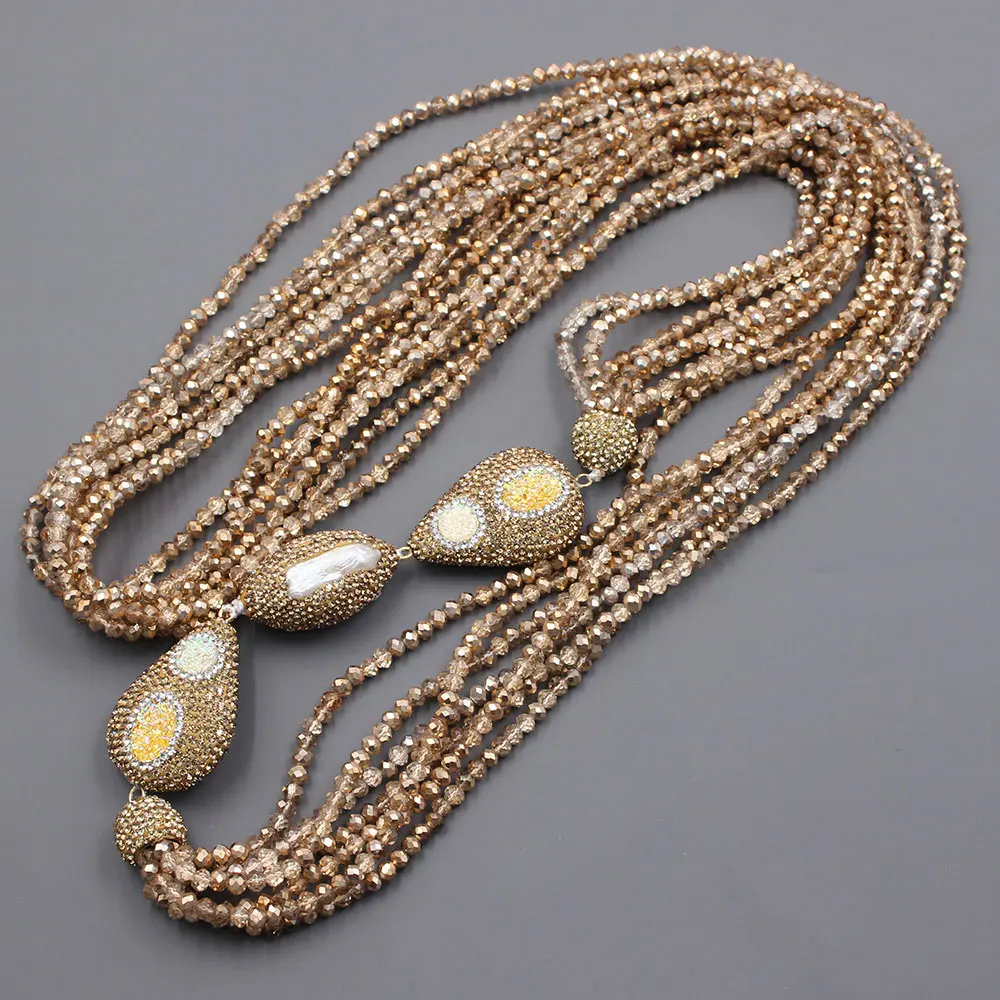 GG 38\'\' 7 Strands Yellow Golden Crystal Natural White Keshi Pearl CZ Rough Long Necklace Handmade For Women