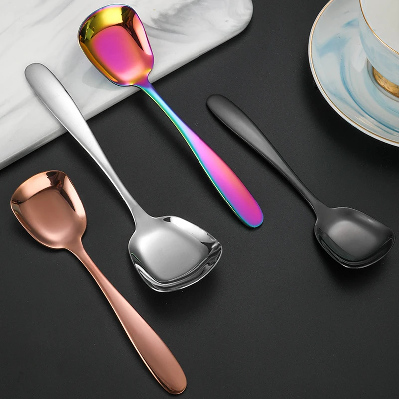 Stainless Steel Square Head Soup Spoon Teaspoons Home Tablespoons Ice Cream Shovel Table Service Kitchen Utensils