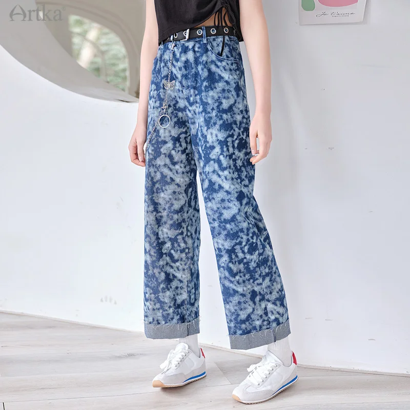 ARTKA 2021 lato nowy kobiety Jeans moda w stylu Vintage Tie dye Denim spodnie wysokiej talii luźne drapowania dżinsy z szeroką nogawką KN22019X