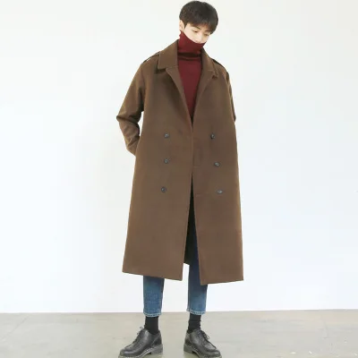 

2020 Fashion New Autumn Winter Men Woolen Coat Long Loose Warm Male Overcoat Double breasted Windbreaker Hot Sale LX1379