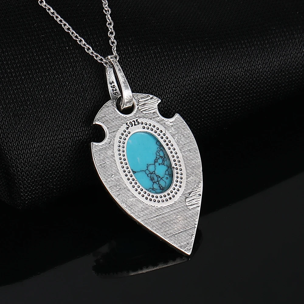 100% S925 Silver Necklace Pendant Large Oval 10*14MM Natural Turquoise Retro Bohemian Style Necklace Pendant Party