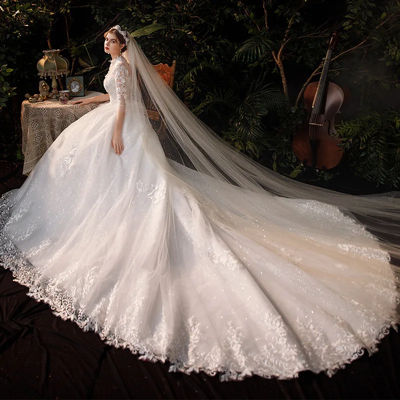 

Shining Wedding Dresses A Line Sequined Netting Satin Applique High Neck 3/4 Sleeve Floor Length Bridal Gown Corset Back