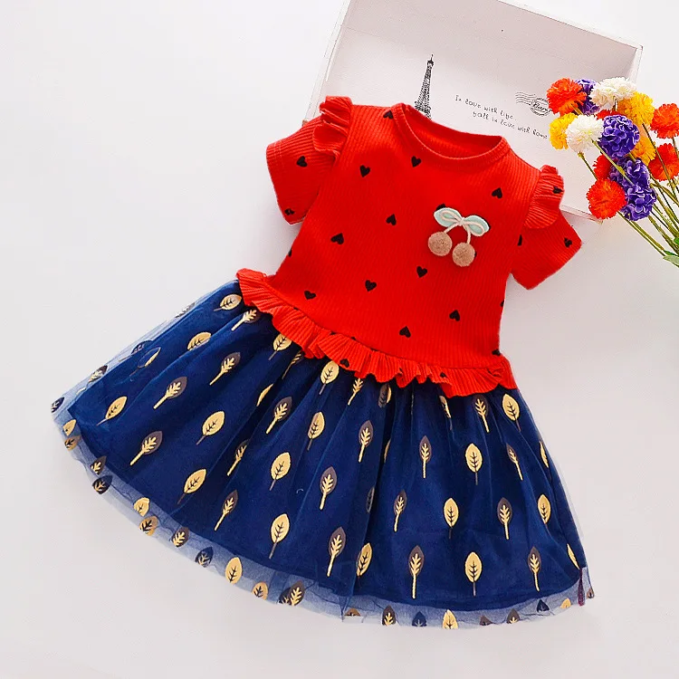 Yaz bebek giysileri kız elbise moda baskı örgü çiçek yay prenses elbise bebek kız giyim