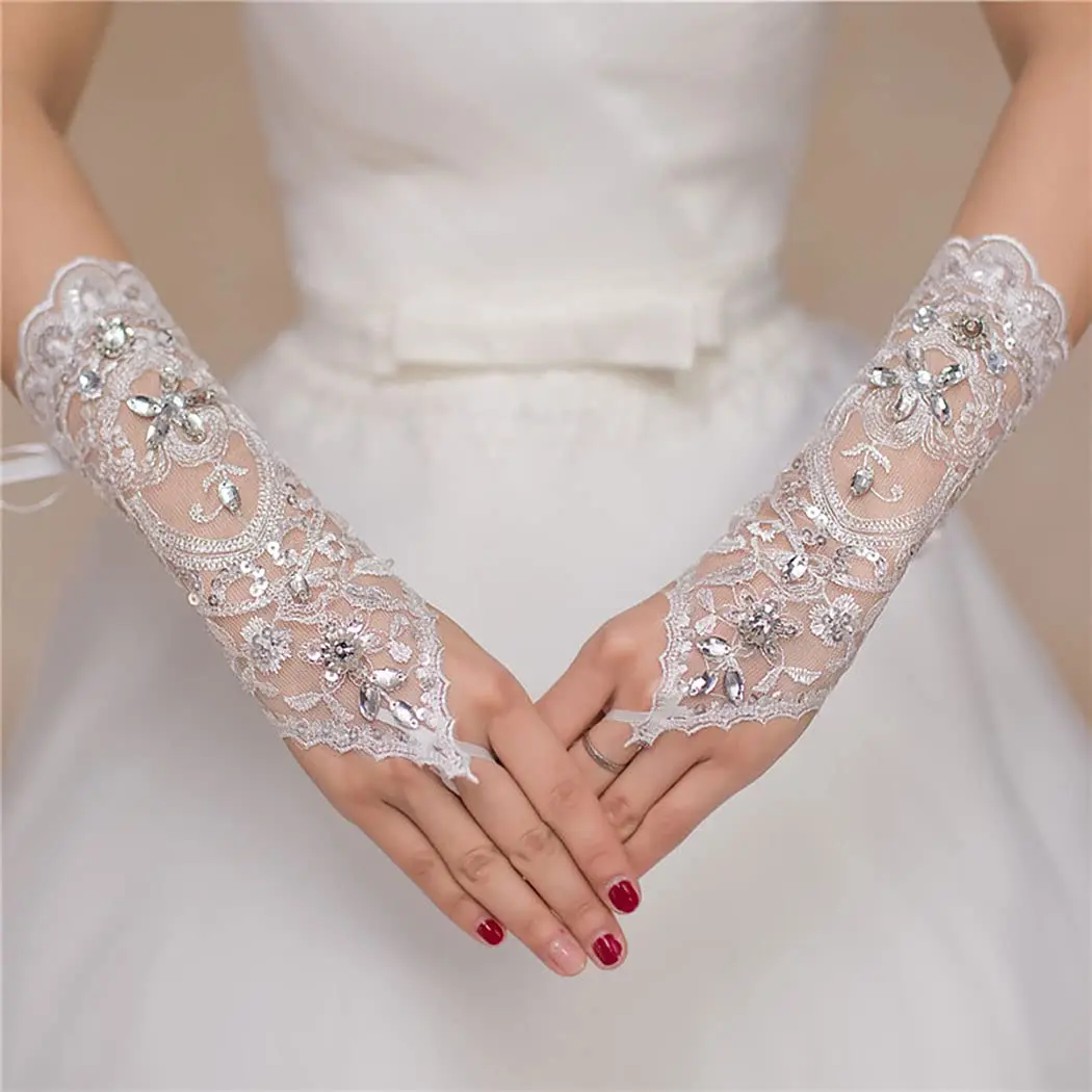 Guantes de Novia de encaje sin dedos para mujer y niña, guantes de novia con diamantes de imitación, guantes de encaje corto Floral, fiesta de graduación