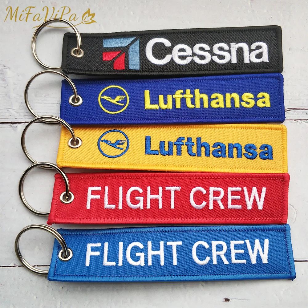 5PCs FLIGHT CREW Lufthansa Keychain New Fashion Trinket Phone Strap Black Embroidery CESSNA Key Chain for Aviation Gift Key Ring