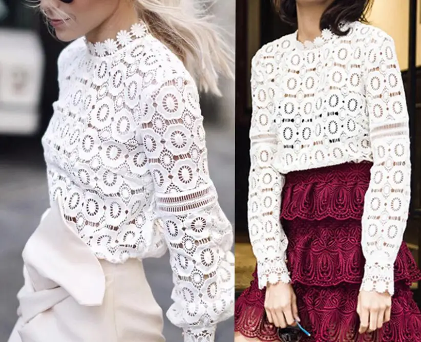 2022 Spring Summer Women Temperament Chiffon Pure Openwork Lace Top Lantern Sleeve Fashion Shirt Bottom