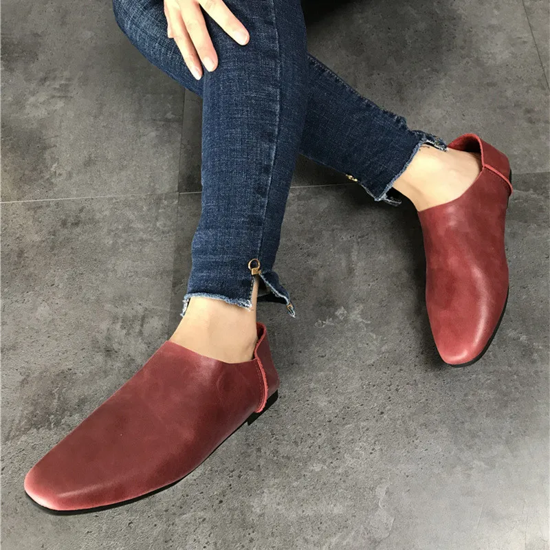 Genuine Leather Flats Casual Slip On Loafers Woman Shoes Comfortable Soft Leather Flat Shoes Square Toe Woman Footwear