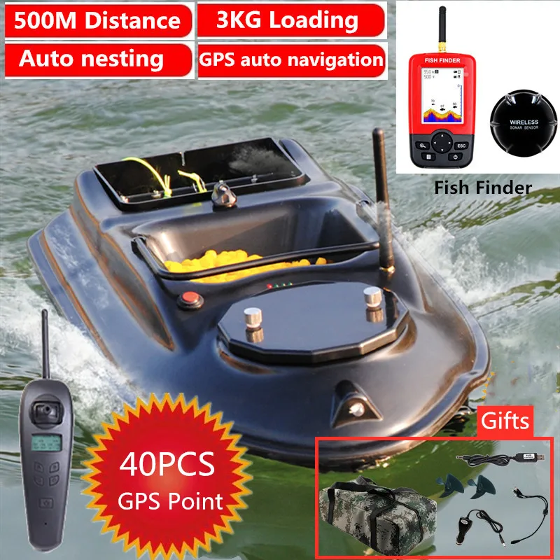 

GPS Bait Boat 500M 3KG Loading 40pcs GPS Point Fishing Bait Boat With Large 2 Hopper GPS Auto navigation LCD Screen Fish Finder