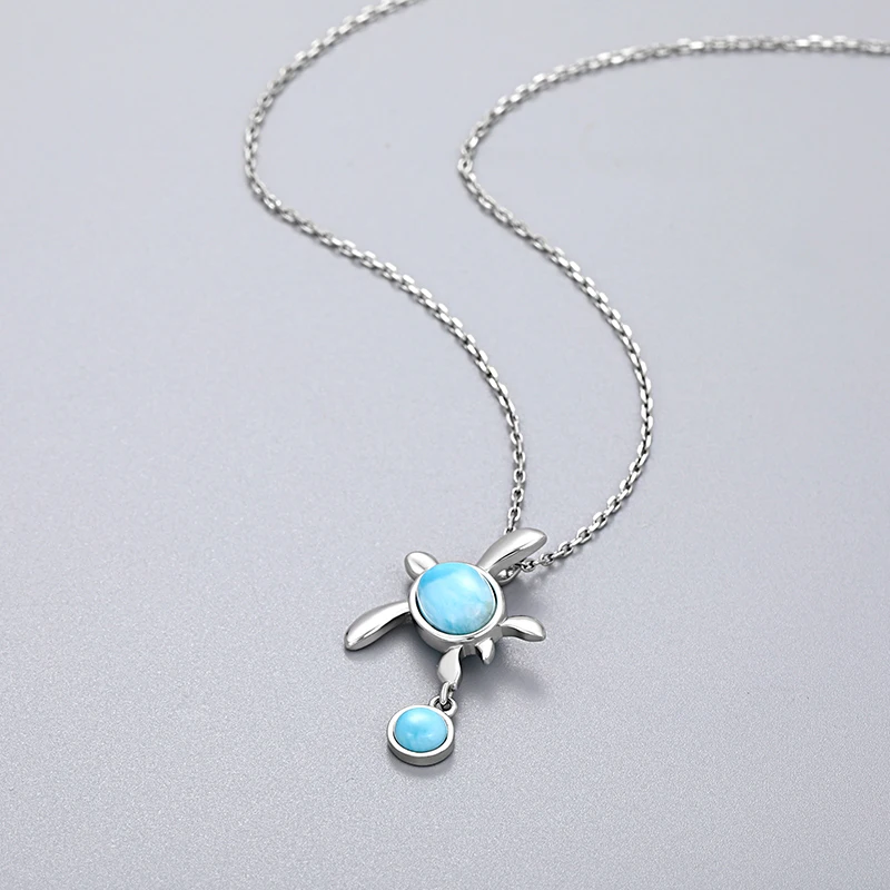 Sea Turtle 925 Sterling Silver Jewelry Gifts Classic Precious Pendant Necklace Natural Larimar Retro Woman Loveliness Charm