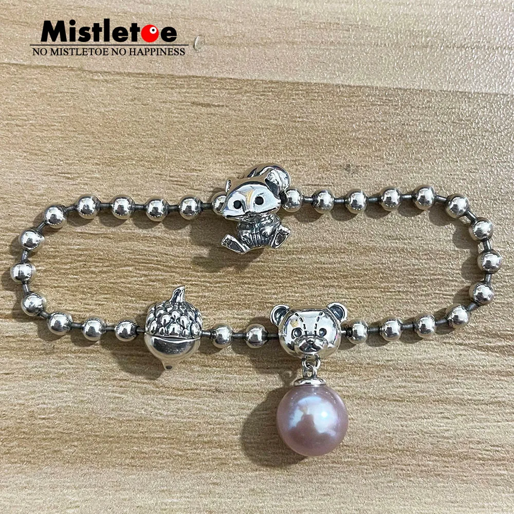 Mistletoe 925 Sterling Silver Squirrel Acorn Beaded Beads Chain Bracelet European Jewelry Width 4.0mm