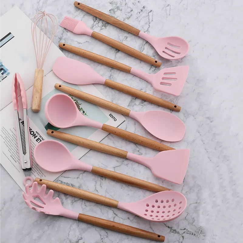 Pink Silicone Kitchen Tools Cooking Sets Soup Spoon Spatula Non-stick Shovel with Wooden Handle Special Heat-resistant Design