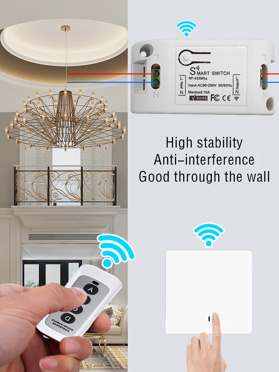 UBARO 433Mhz RF Wireless Remote Switch Module Breaker For Light On/Off  Plastic Panel Led Indicator Controller  Ac90-250V 10A