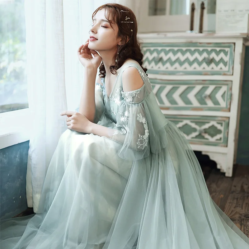 Bridesmaid Dresses Green Embroidery A-Line Wedding Guest Dress Hight Neck Half Sleeve Vestidos Floor Length Formal Gowns R067