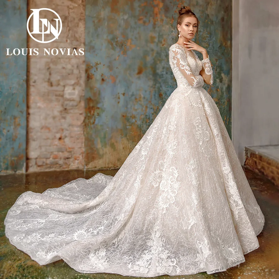 LOUIS NOVIAS Ball Gown Wedding Dress  Luxury Long Sleeve Backless Champagne Bride Dress Embroidery Sweetheart Vestidos De Novia