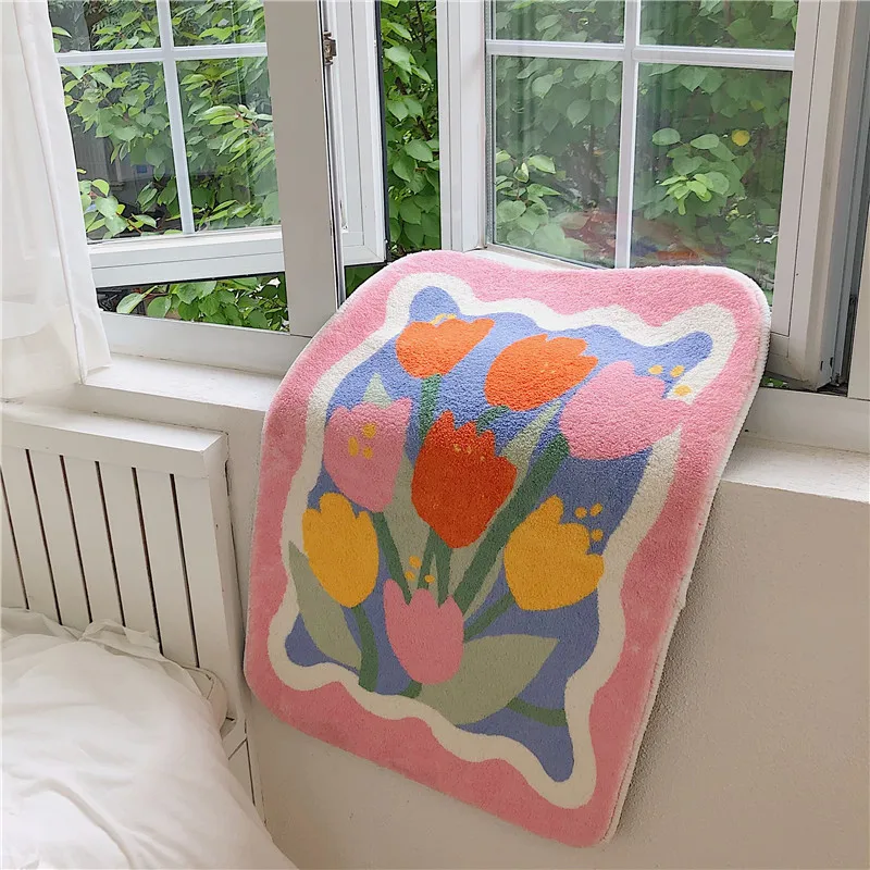 

Fluffy Tulip Mat Soft Bedroom Bed Side Rug Carpet Area Anti Dust Floor Pad Entrance Doormat French Aesthetic Home Decor