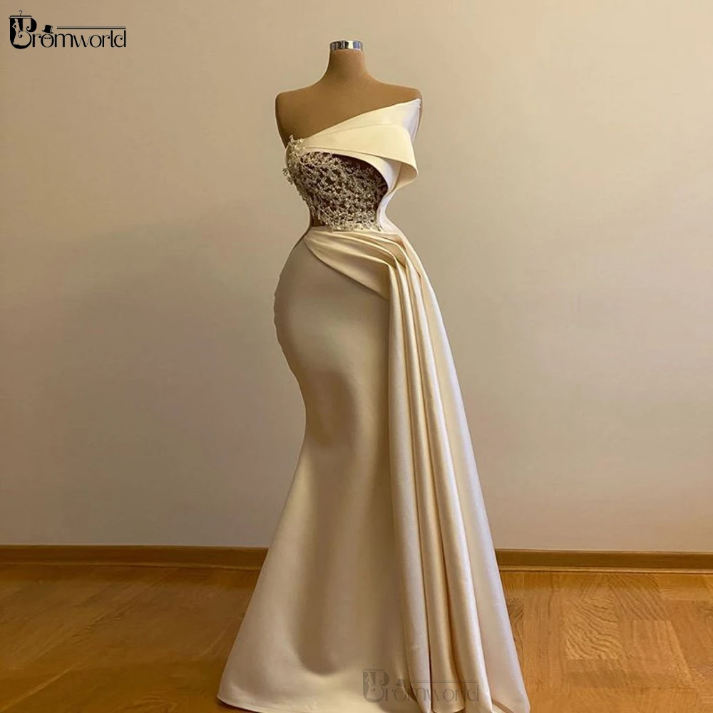 

Ivory Muslim Evening Dress Elegant Scalloped Lace Beaded Satin Robe De Soiree Mermaid Dubai Arabic Formal Prom Gown