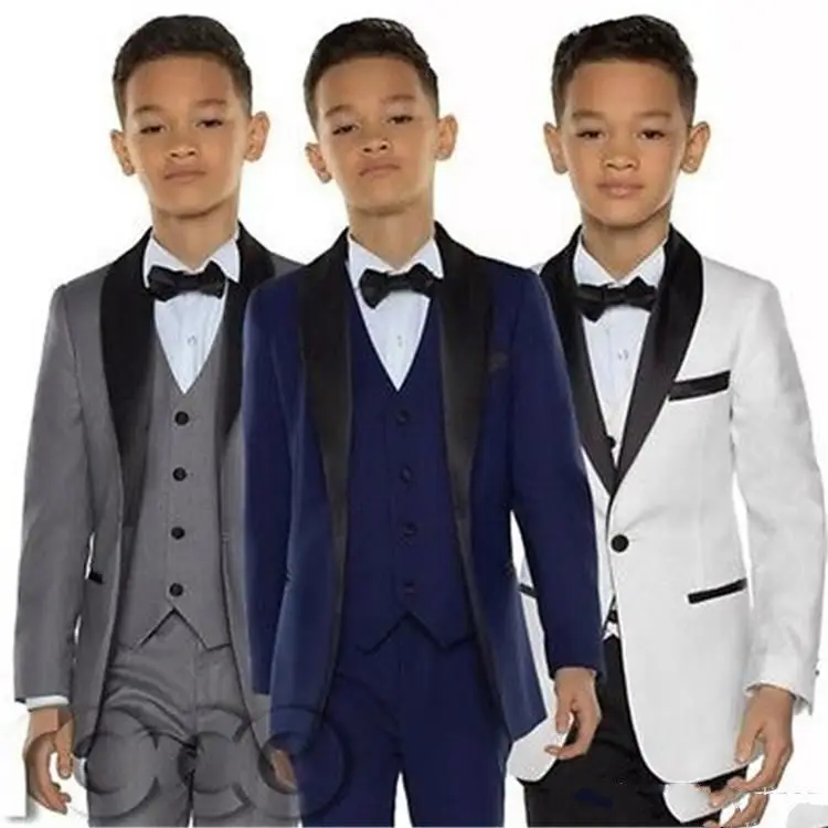 Moda meninos vestuário xale lapela um botão crianças roupas para festa de casamento crianças terno menino conjunto (jaqueta + calças + arco + colete)