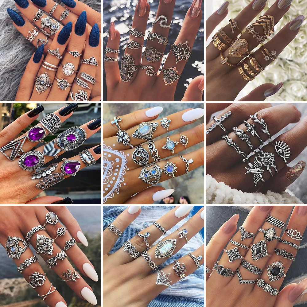 Vintage Purple Crystal Knuckle Rings for Women Bohemian Geometric Anel Finger Ring Set Boho Party Anillos Mujer Jewellery 2022