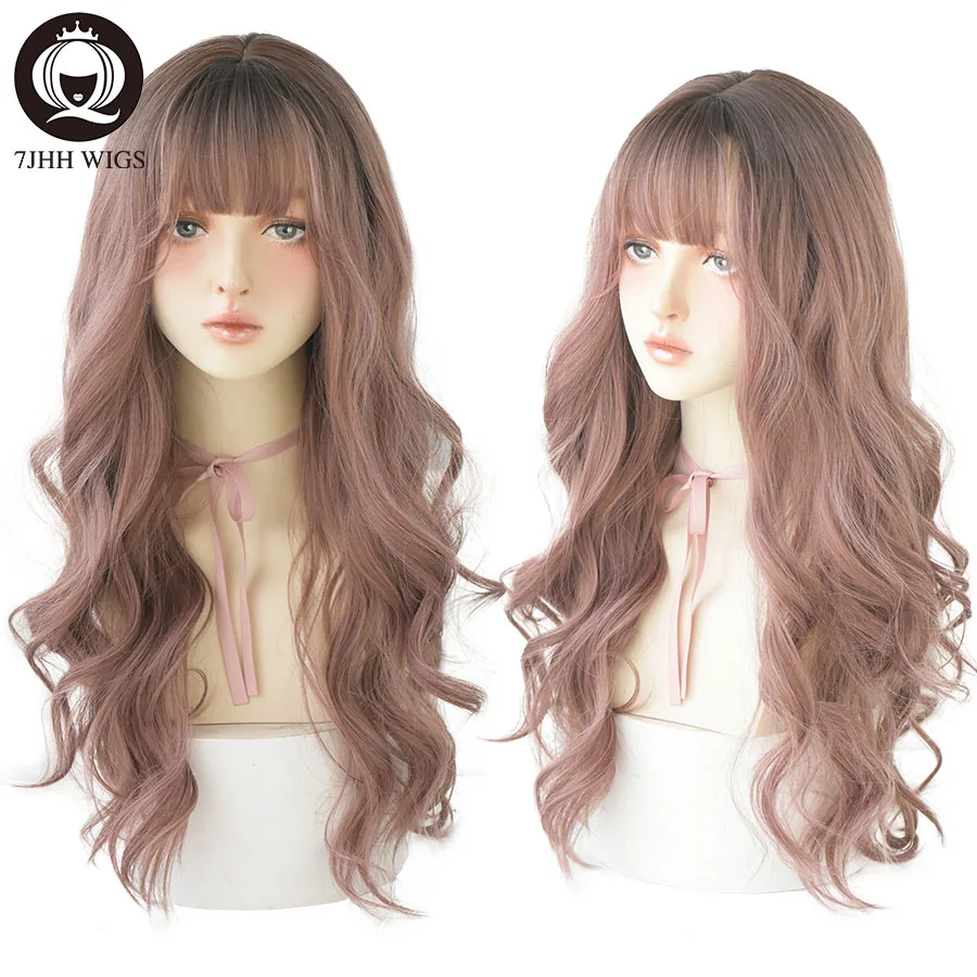 7JHH WIGS Loose Long Wavy Pink Brown Wig for Women Daily Use Fashion High Density Synthetic Hair Wigs with Bangs Beginner Friend