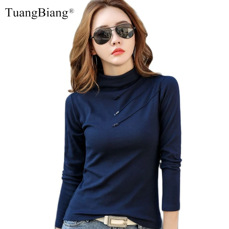 TuangBiang Long Sleeve Autumn Spring Cotton T-Shirt Women Wool Fashion Top Button Ribbed Tshirt Turtleneck Elastic Warm Clothing